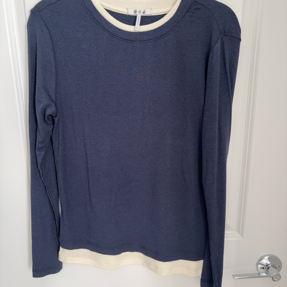 Three Dots Navy and Cream Long Sleeve Tee